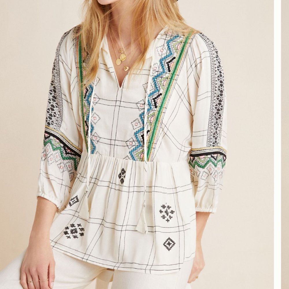 Anthropologie Vineet Bahl Brielle Embroidered Peasant Top size small